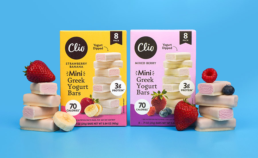 Available in Strawberry Banana and Mixed Berry, the bite-sized, 60-calorie Clio Snacks Mini Yogurt Dipped Greek Yogurt Bars are made from whole milk yogurt and real fruit dipped in a creamy yogurt coating.